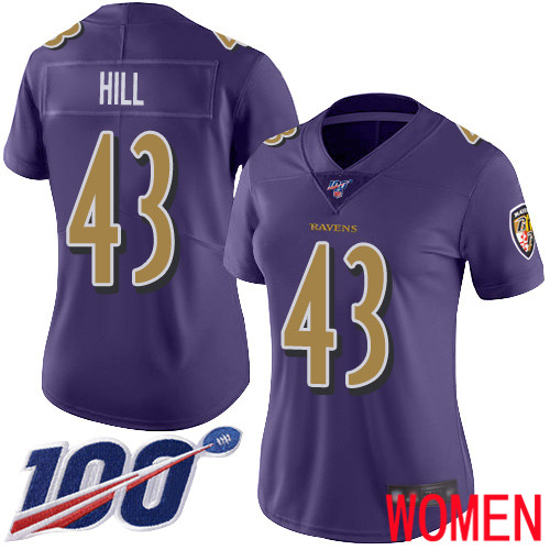 Baltimore Ravens Limited Purple Women Justice Hill Jersey NFL Football 43 100th Season Rush Vapor Untouchable